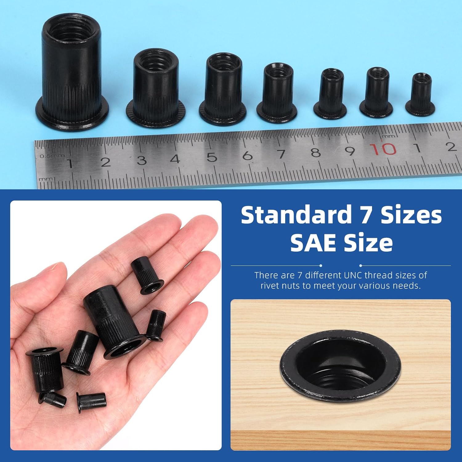 Glarks 320Pcs 5/32"-32UNC 8-32UNC 10-24UNC 1/4"-20UNC 5/16"-18UNC 3/8"-16UNC 1/2"-13UNC Rivet Nuts Kit Black Zinc Plated Carbon Steel Flat Head Rivnut Threaded Insert Rivet Nuts Assortment Set