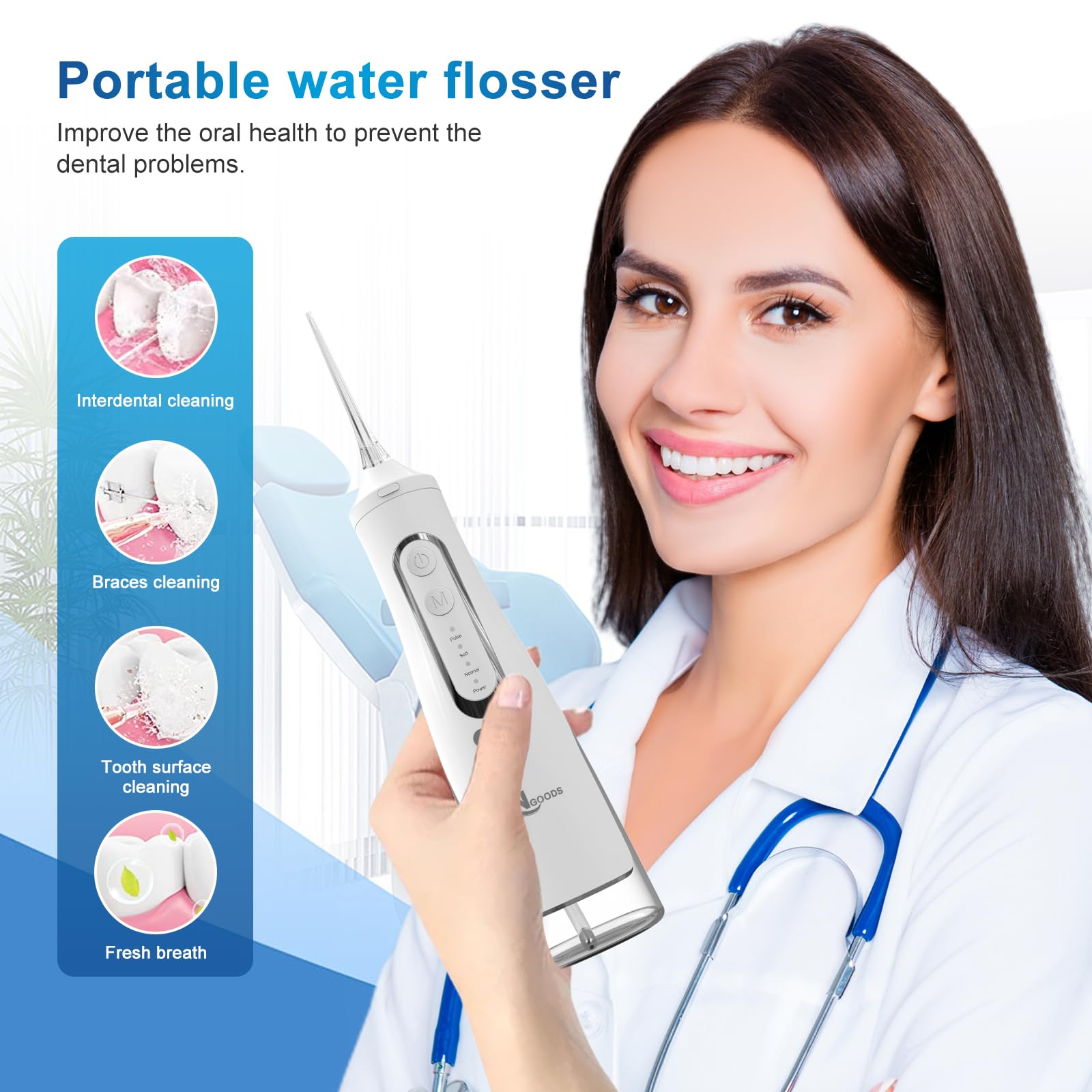 JNGOODS JNGOODS - Idropulsore dentale senza fili, ricaricabile, 310 ml, impermeabile IPX7, 4 modalità, con 4 punte per getto, uso in viaggio a casa (bianco)