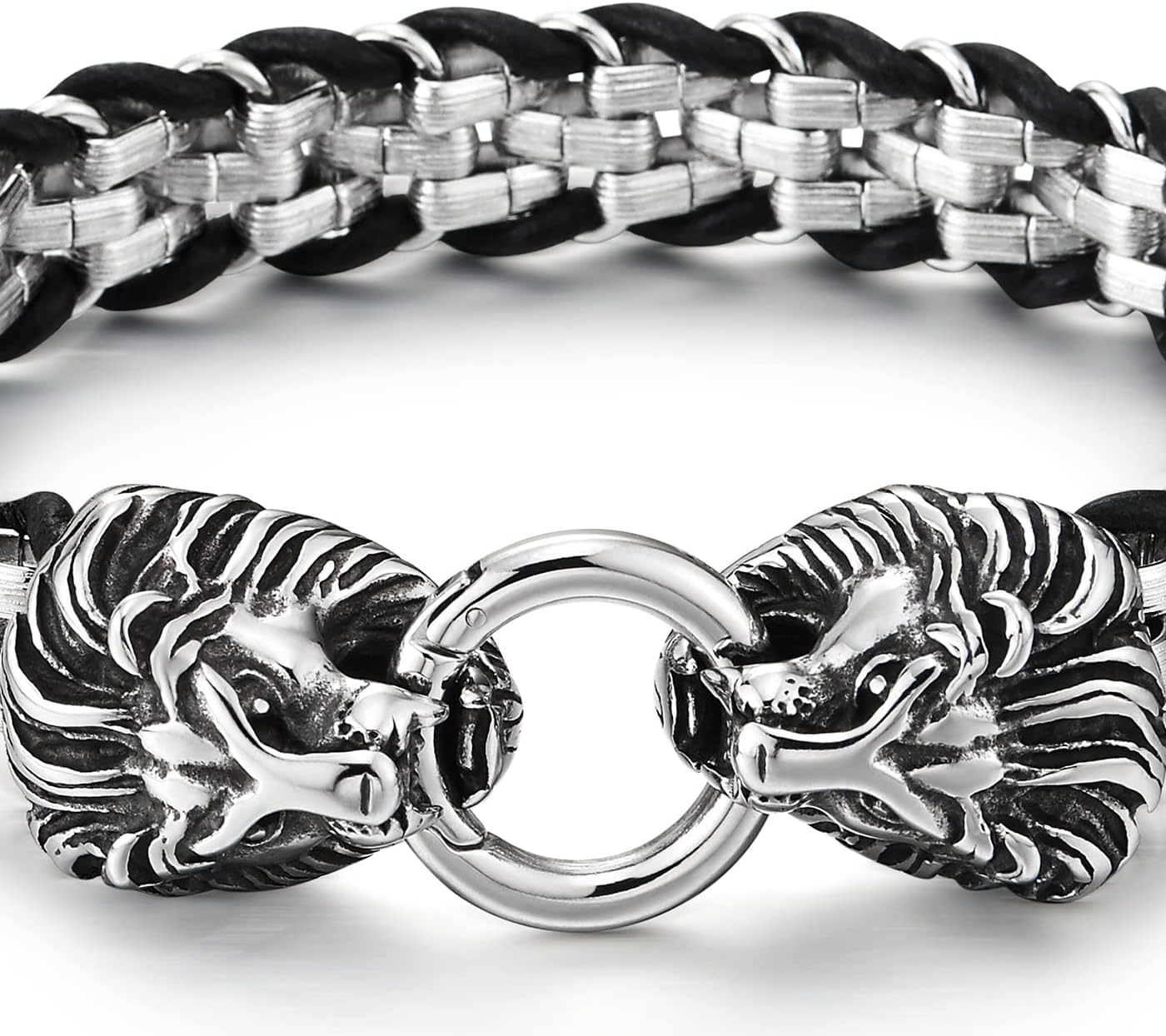 COOLSTEELANDBEYOND Mens Lion Head Spring Ring Clasp Bracelet, Rolo Chain Interwoven with Black Braided Leather - Image 4