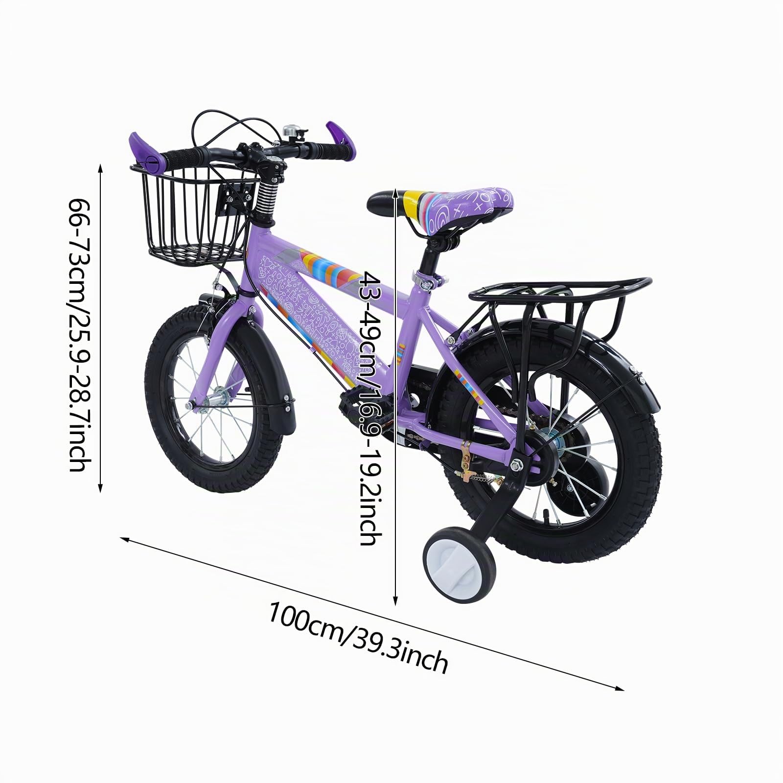Vélo pour enfant 14 pouces garçon et fille avec roues stabilisatrices et panier réglable en hauteur pour garçons et filles Vélo de mise à niveau pour l'entraînement Violet + noir