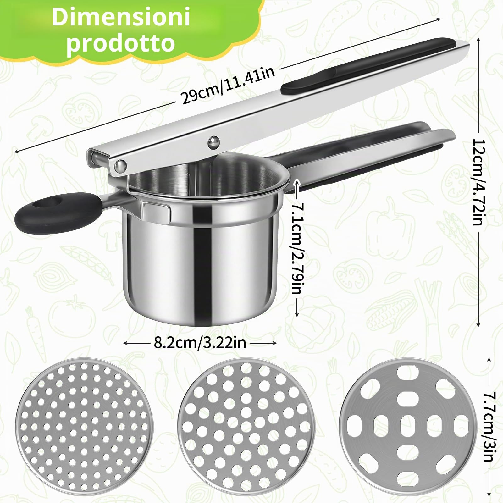 CIRULLI schiacciapatate,schiacciapatate Acciaio inox a tre Maglie Intercambiabili,torchio per Melanzane in Acciaio inox per Preparare Purè di Patate,Puree e Succhi di Verdure lisci come Spremiverdure
