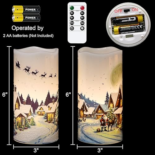 Miniatura 7 de GenSwin Velas de Navidad sin llama con temporizador remoto, juego de 2 velas LED de Navidad que funcionan con pilas con casa de nieve, Papá Noel,
