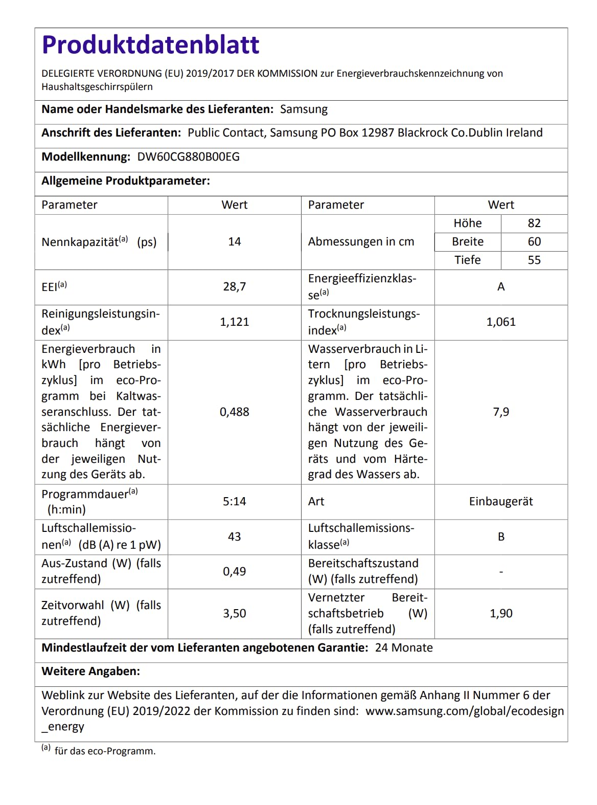 Samsung Geschirrspüler, 60 cm, Vollintegrierbar, EEK: A, 14 Maßgedecke, 7,9 l Wasserverbrauch, WaterJet Clean, SmartThings AI Energy Mode, 43 dB(A), Weiß, DW60CG880B00EG
