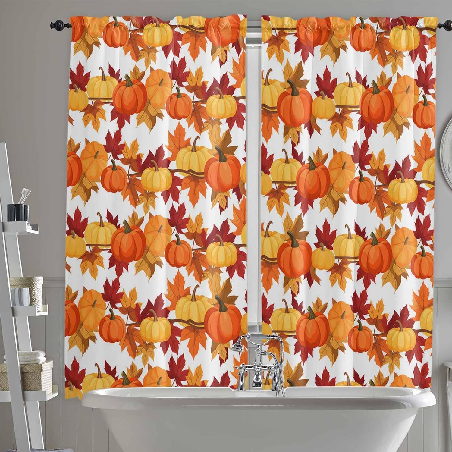 Orange Yellow Pumpkin Fall Kitchen Curtains, Thanksgiving Botanical Farmhouse Leaf Light Filter Window Curtain, 2Pcs Rod Pocket Window Treatments Set for Living Room Bathroom Bedroom 52x72 Inches