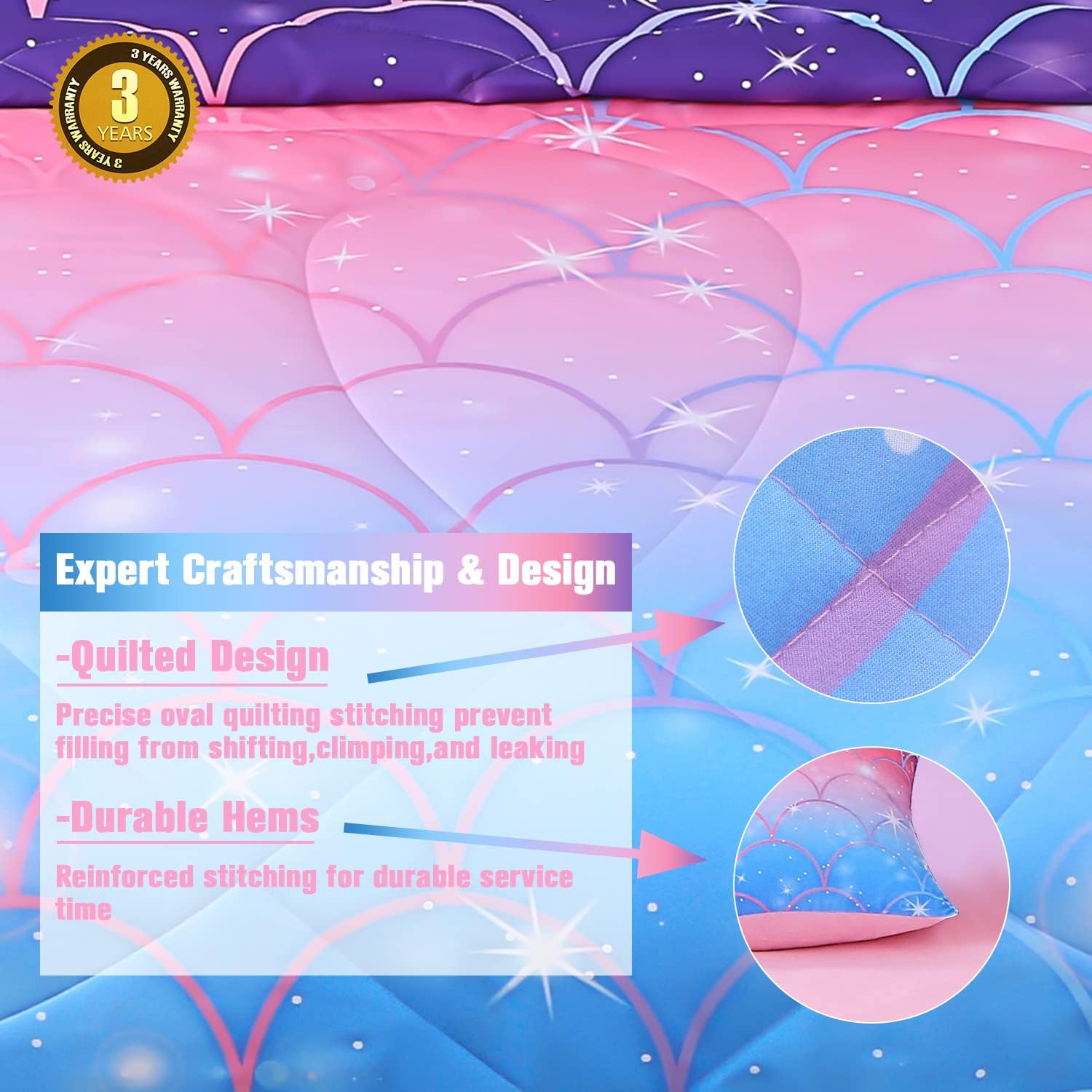 JQinHome Twin Size Mermaid Comforter Set, 6 Piece Bed in A Bag 3D Colorful Bedding Set for Girls Kids (1 Comforter,2 Pillowcases,1 Flat Sheet,1 Fitted Sheet,1 Cushion Cover)(Pink Mermaid Scale)