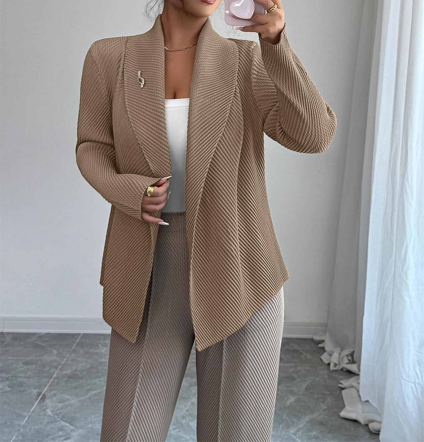 Womens Loose Fall Outwear Ribbed Blazer Jacket Blazers Notched Lapel Jacket - Image 6