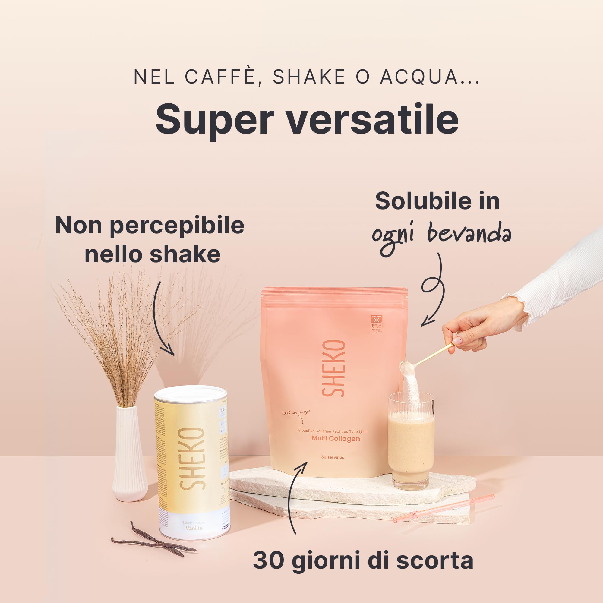 SHEKO Collagene Idrolizzato 450g - Natural Bioactive Collagen Powder - Peptidi di tipo 1, 2, 3 - Collagene in polvere - Qualità purissima - Solubilità ottimale - Proteine in polvere