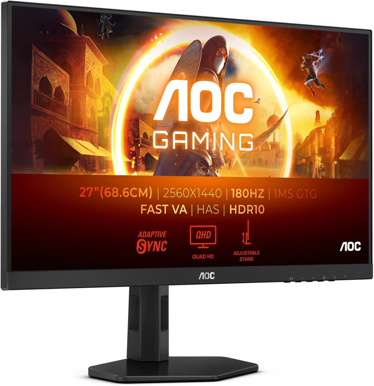 AOC Gaming Q27G4XND - 27 Inch Quad HD Monitor, 180 Hz, 1 ms, FreeSync Premium, HDR10 (2560 x 1440, 2 x HDMI 2.0, 1 x DisplayPort 1.4) Black/Grey
