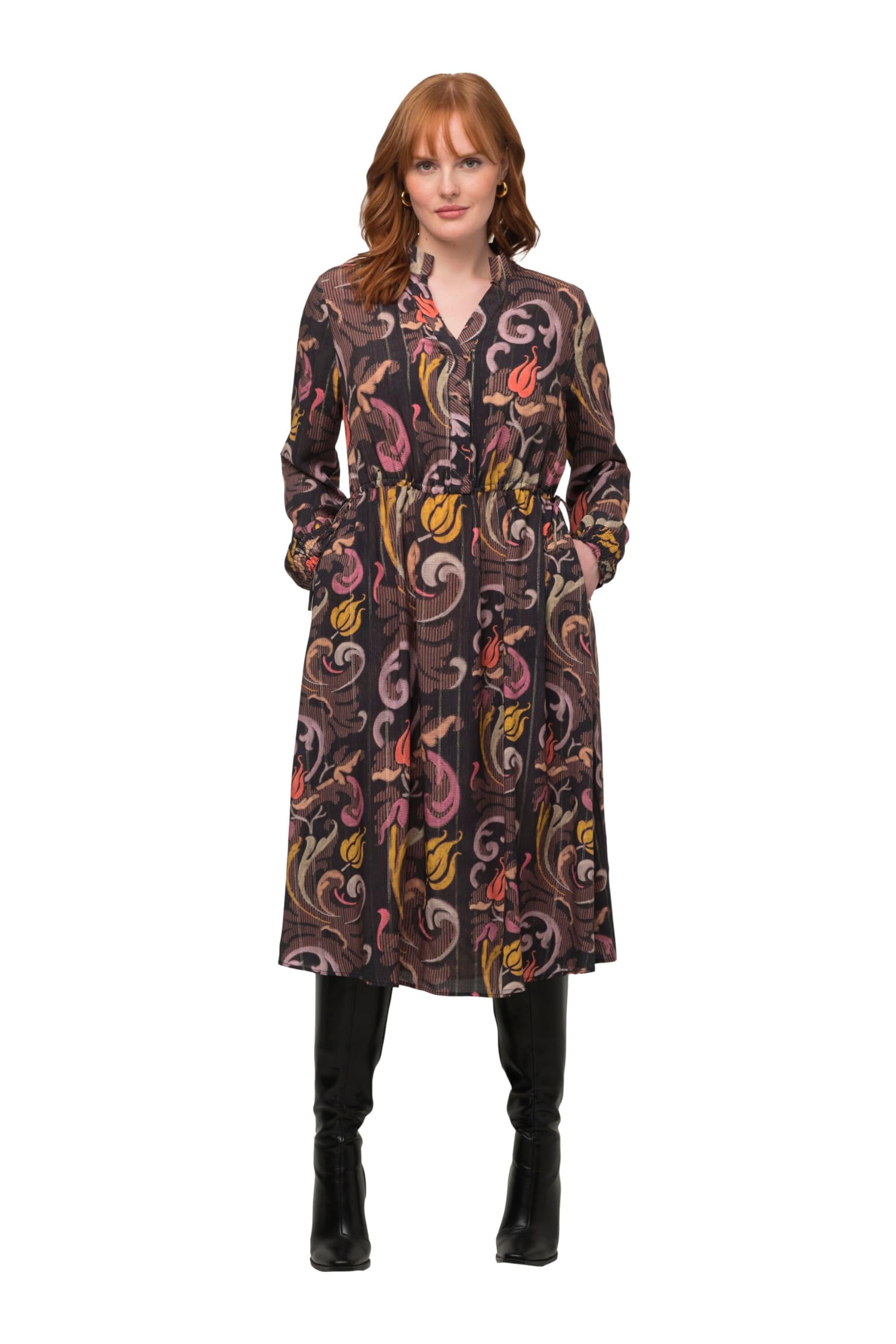 Ulla Popken Damen große Größen Übergrößen Plus Size Kleid, Tunnelzug, Stehkragen, V-Ausschnitt, Langarm 820662