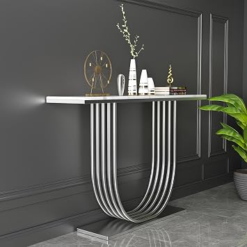 Modern Console Table Narrow Sofa Table, 35.4" High White Marble Accent Table for Hall Marble Ultra Narrow Entry Entry Cupboard Entry Table Silver, 39.4" L x 11.8" W x 35.4" H