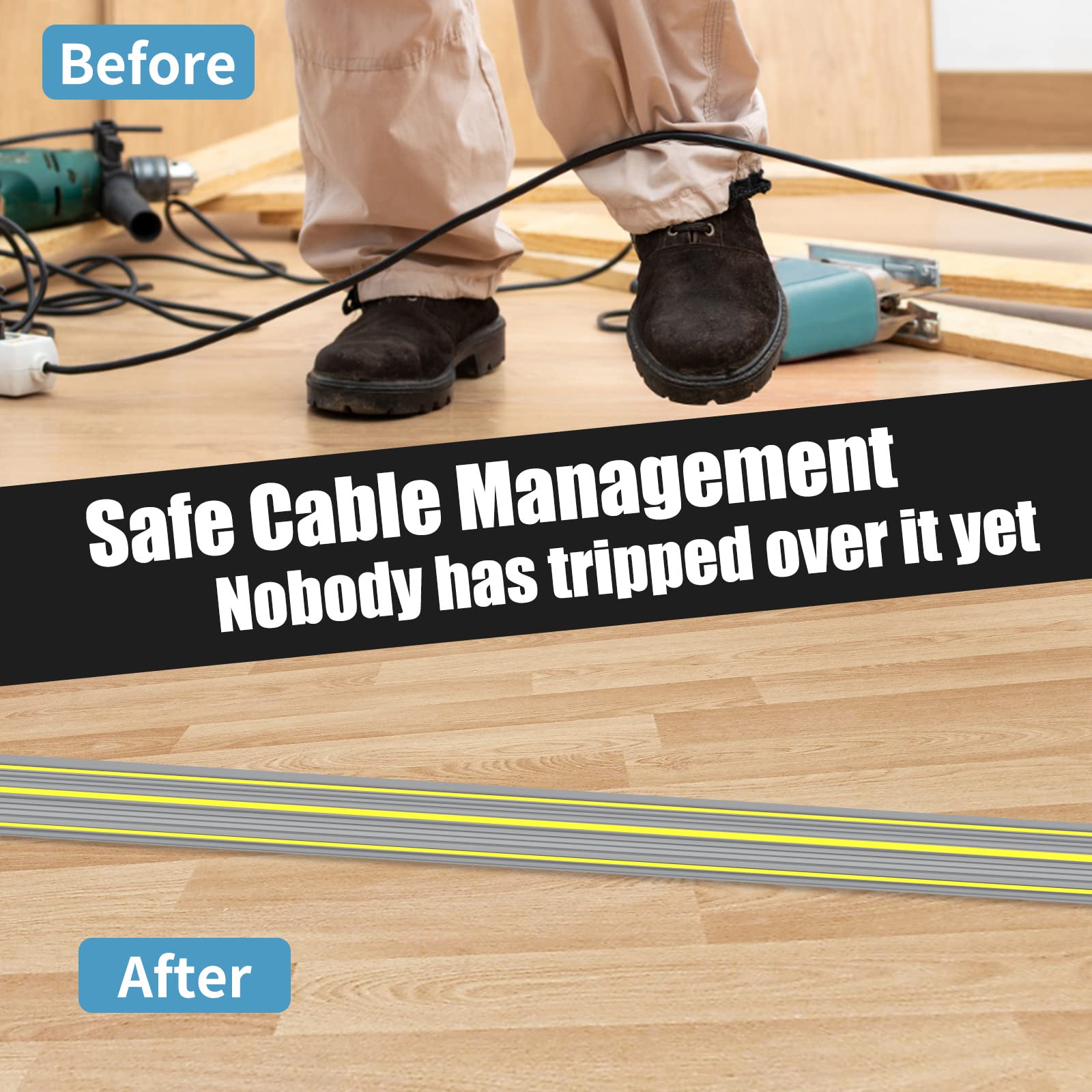 Cubierta de cable para exteriores, protector de cable de suelo de 4 m, cubierta de suelo de PVC resistente con 3 canales de cable, alfombrilla de alambre para gestión de cables de pavimento de garaje