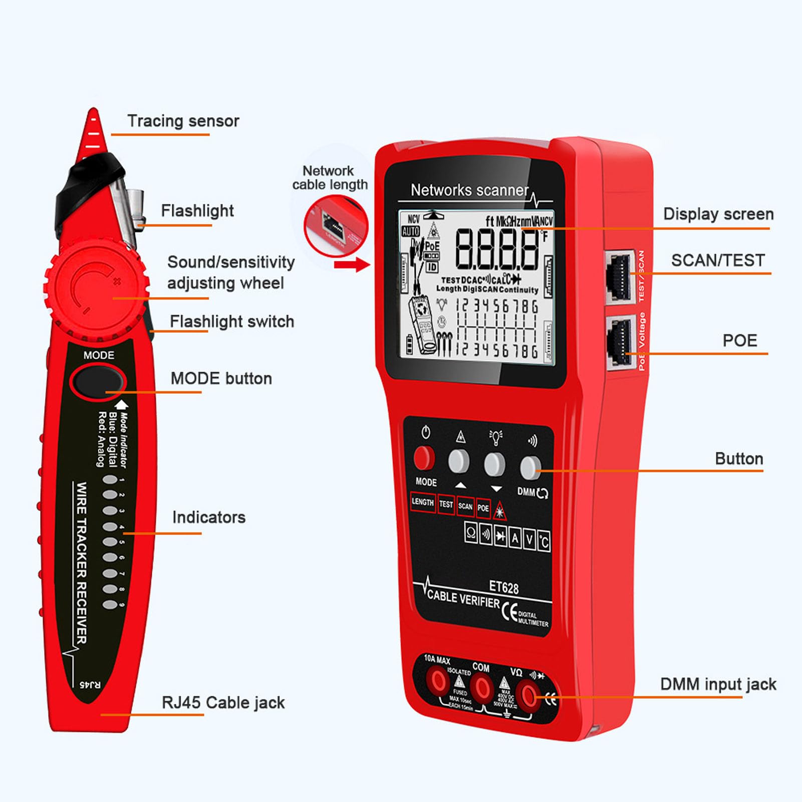 Naroote Multifunktionales Kabelsuchgerät, Digitaler Leitungsfinder und Schaltungsanalysator mit 3 Testmodi und Akkumulator für CAT5- und CAT6-Netzwerkkabel Sowie Koaxial-Videokabel