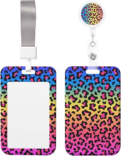 Soporte para tarjeta de identificación con cordón separable y clip retráctil para carrete, tarjeta de leopardo de color arcoíris neón, etiqueta de