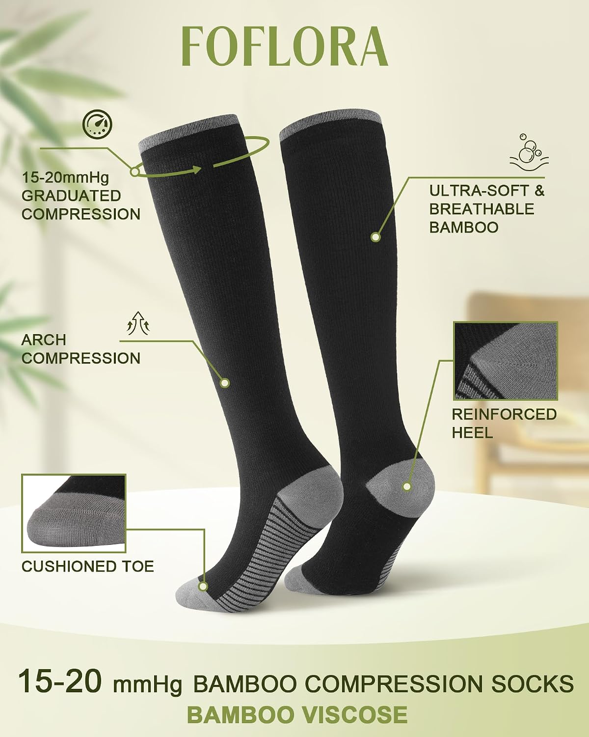 Bamboo Viscose Compression Socks for Women & Men 4 Pairs, 15-20mmHg Knee High Supports Socks for Nurses, Pregnant