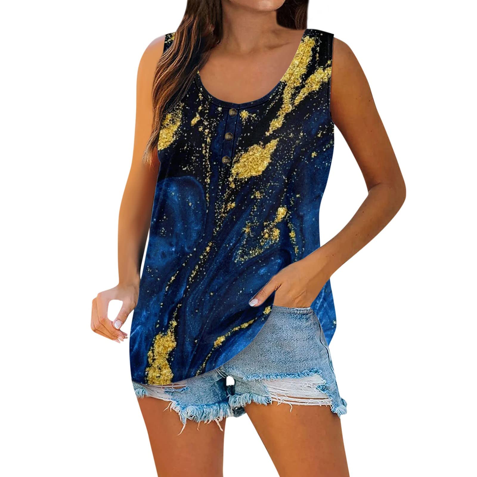 Tank Tops for Women Casual Summer,Floral Button Down Blouses 2023 Loose Fit Sleeveless Tshirts Plus Size Graphic Tees