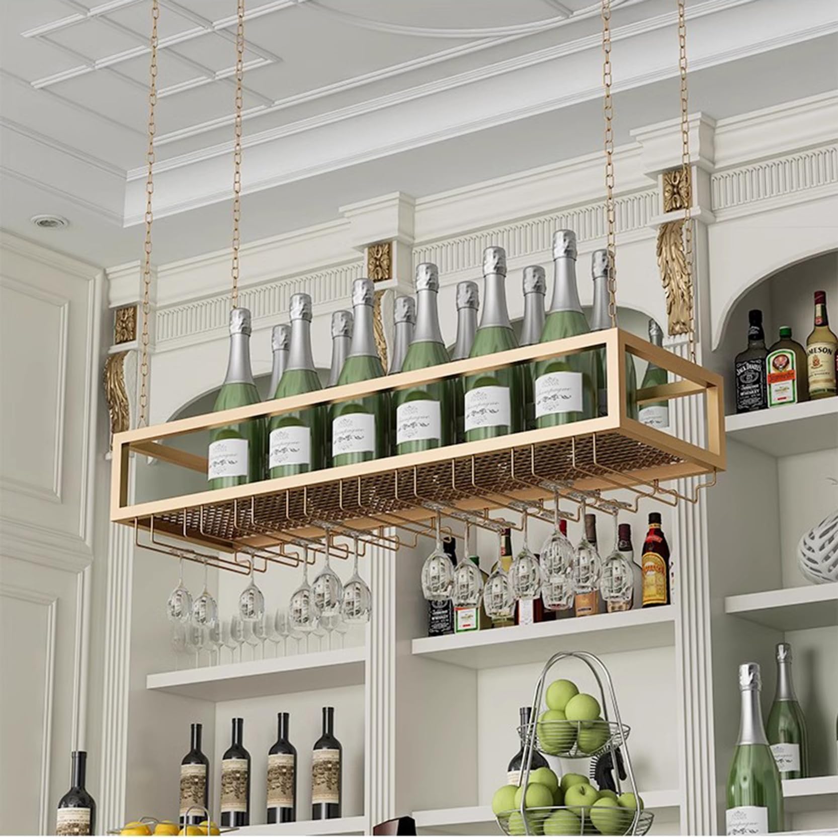 Casier à vin suspendu rond industriel doré 80cm avec support verres