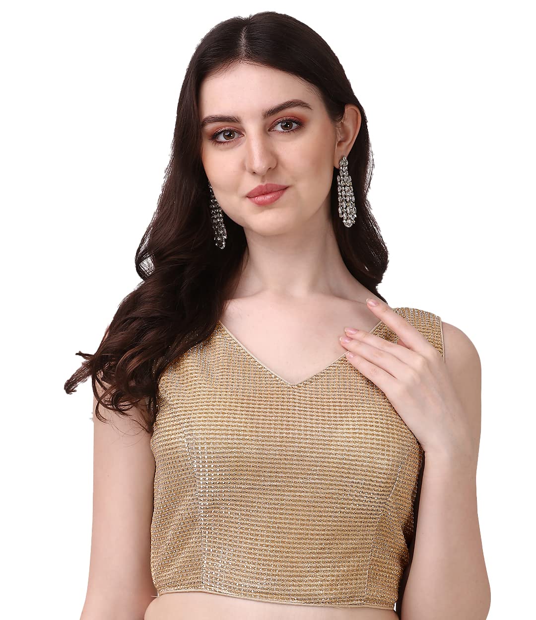 Pujia Mills Womens V Neck Sleeveless Saree Blouse(Gk Bonding Gold_38)