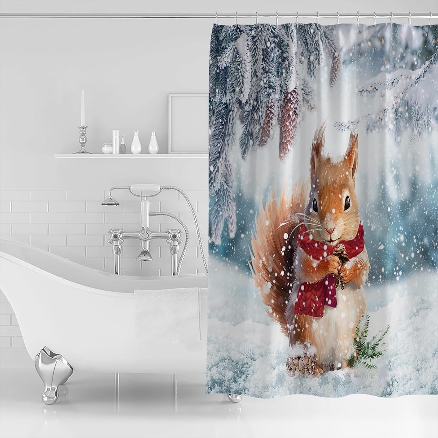 Christmas Shower Curtain for Bathroom 72" x 84" Christmas Winter Forest Cute Squirrels Shower Curtain with Hooks Polyester Waterproof Home Bathtub Decor