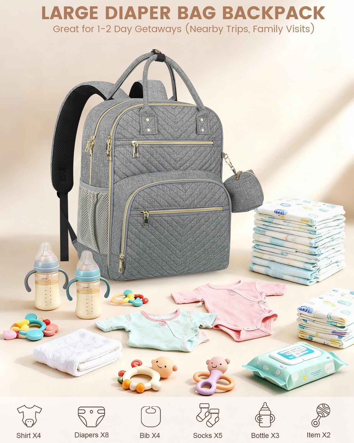 Pritent Diaper Bag Backpack,Baby Essentials Diapers Bag with Pacifier Case,Multipurpose Stylish Large Capacity Travel Backpack for Baby Girl/Boy(L-Grey)