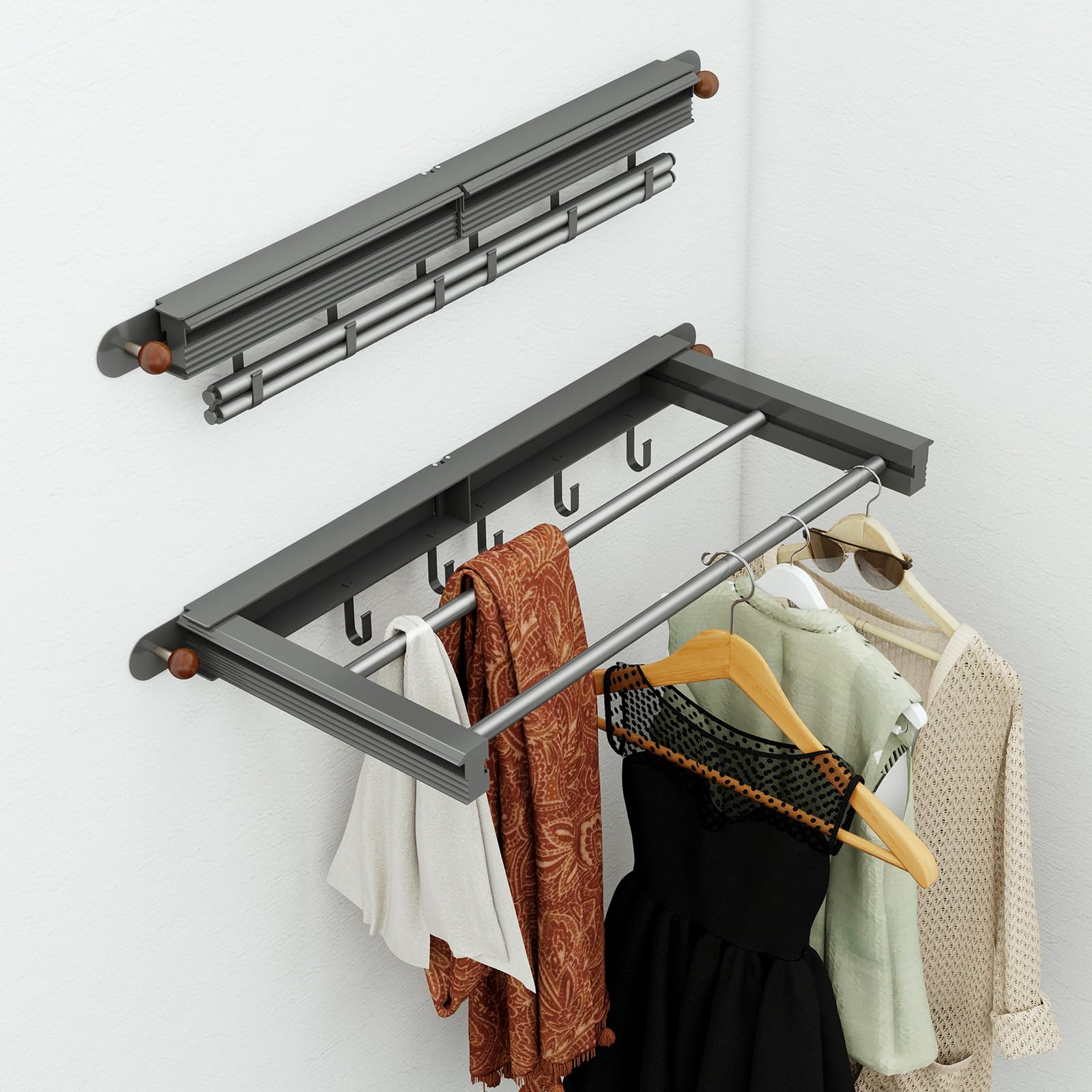 Tendedero Pared Plegable con Barras y 6 Ganchos Compacto Ahorro de Espacio,Compacto Ahorro De Espacio Instalación Dual (Pegamento o Taladro), 70cm para Interior/Exterior Negro Grisáceo