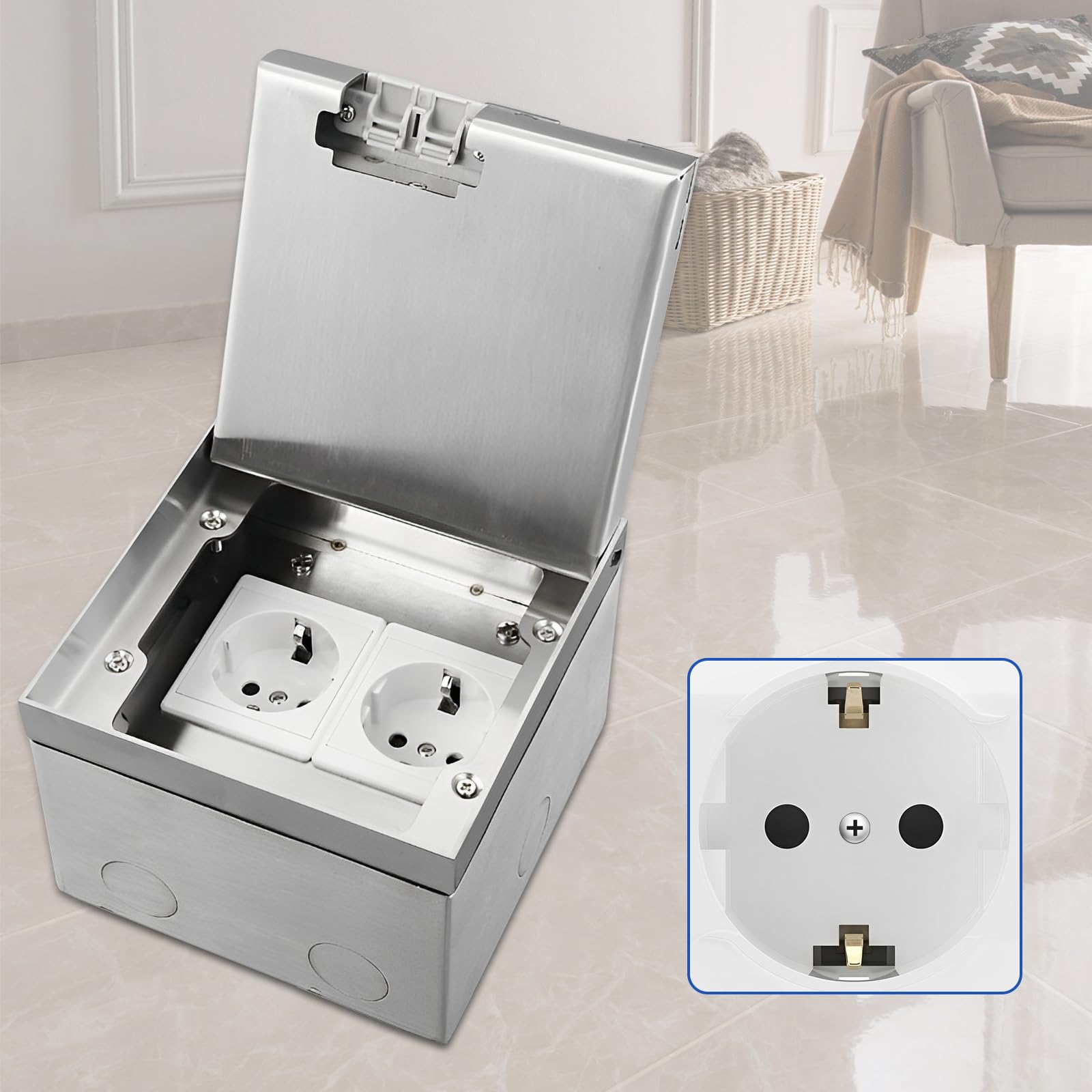 Scatola Di Prese Da Pavimento, Set Di Prese Da Pavimento In Acciaio Inox | Da 16 A E 4000 W, Presa Da Incasso Ca 250 V (2 Prese) Per Uffici, Hotel, Scuole