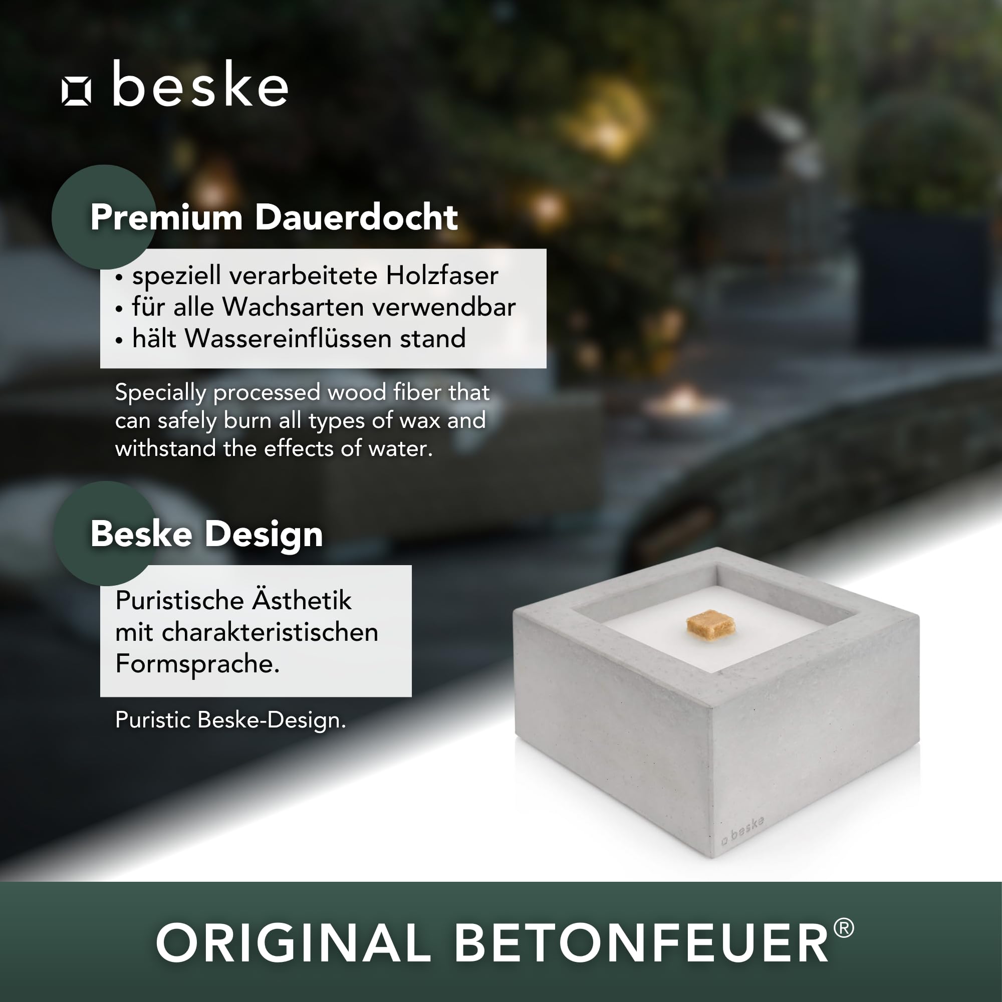 Das Original der Beske-Manufaktur | Modell 'Kula' | 20 x 20 x 11 cm mit Dauerdocht | Wiederbefüllbare Fackel | Unendliche Brenndauer | Recycling von Kerzenwachs