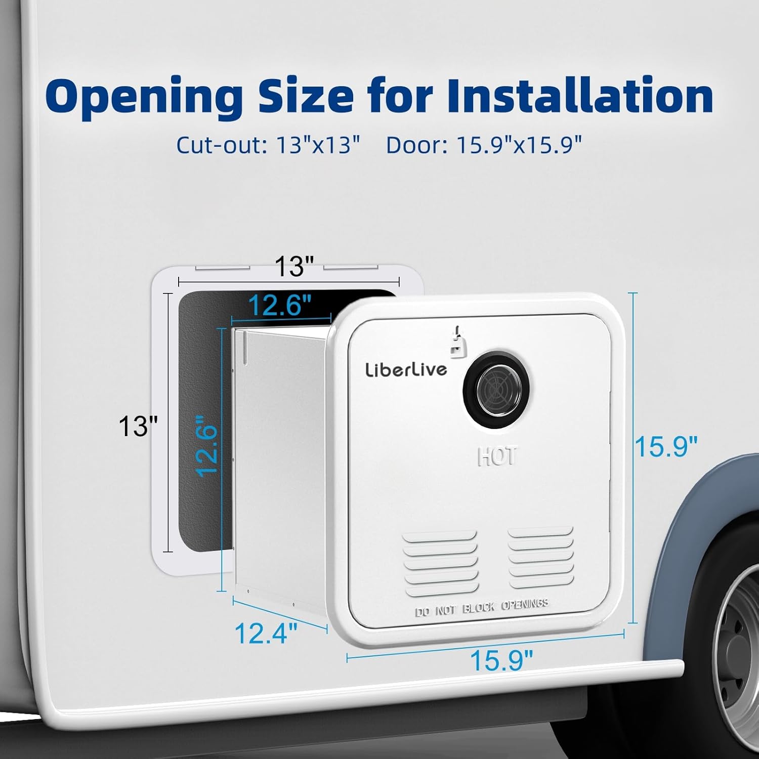 Diagram showing the dimensions for the water heater installation opening and door.