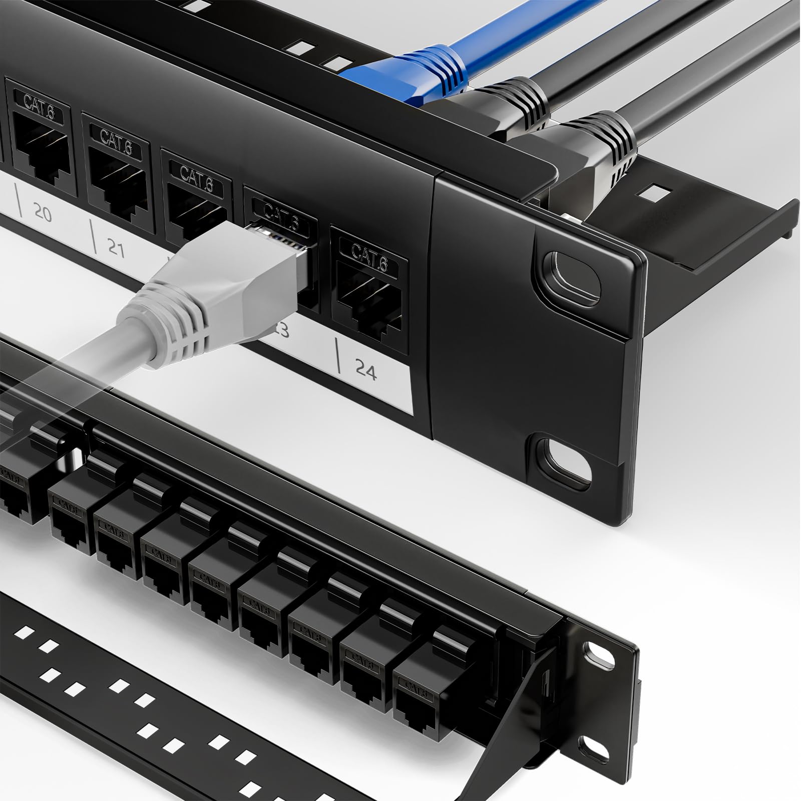 Panel de conexión Keystone de 24 puertos con 25 acopladores Keystone CAT6 chapados en oro, panel de montaje en rack en blanco de 1U, 19 pulgadas