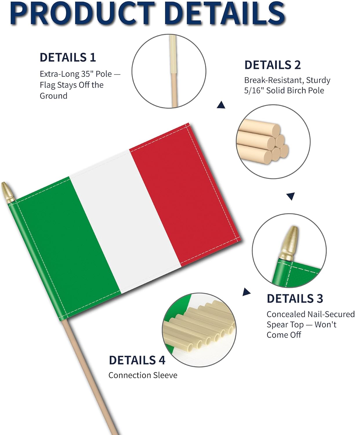 Heavy Duty 12 Pack 12x18 Inch Large Italian Flags on Stick 35” Tall Italy Stick Flags Durable Break-Resistant 5/16” Birch Pole 300D Oxford Fabric Festa della Repubblica Festa di San Giovanni Yard & Festival Decorations