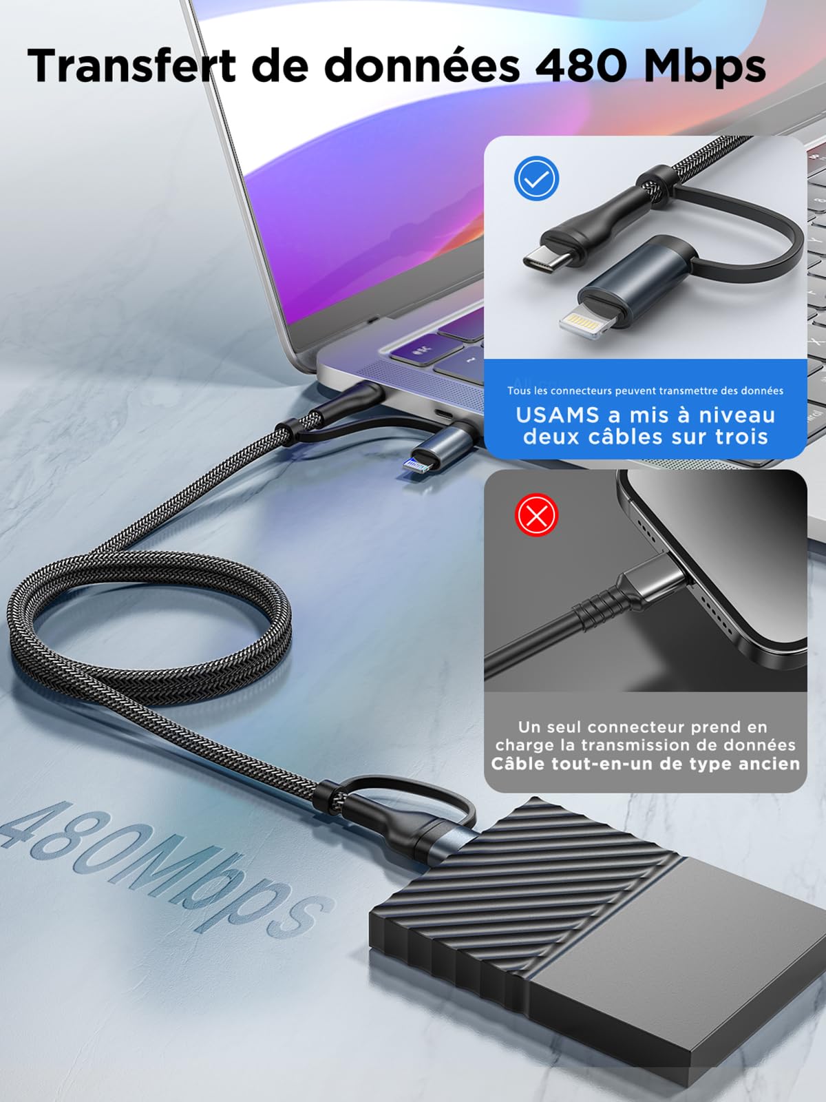Câble Multi USB 4 en 1 [1M] Cable Universel Cable iPhone USB C Charge Rapide Multi Chargeur USB C Nylon Tressé Câble USBC vers Lightning pour iPhone 17/16/15/14, Galaxy S24/S23, Huawei