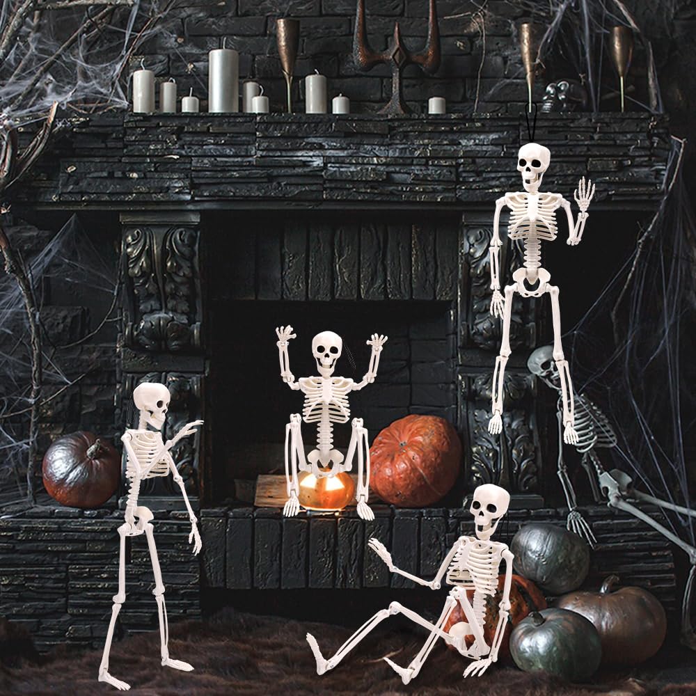 XIMISHOP 5 esqueletos colgantes de Halloween, 16 pulgadas, decoración de esqueleto de Halloween con articulaciones móviles para cementerio de Halloween, decoración de casa encantada, interior y