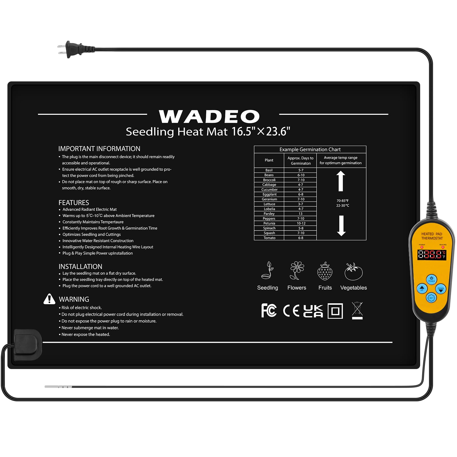 WADEO Heizmatte für Pflanzen 60 x 42 cm, Sämlinge Heizmatte Wärmematte mit Thermostat 5°C bis 45°C, Anzuchtmatte Gewächshaus Wärmematte für Setzlingskeimung, Sämling Germination, Terrarium