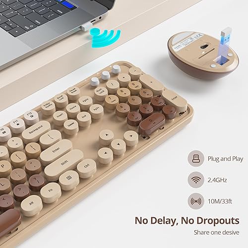 Miniatura 3 de Juego de teclado y mouse inalámbricos, teclado de máquina de escribir retro, 2.4 GHz, tamaño completo, 104 teclas, bonito teclado con teclado