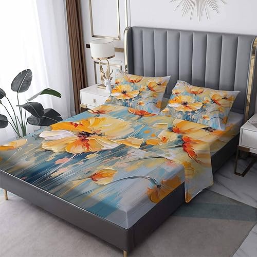 Sábanas de amapola Split King para cama ajustable, sábanas florales, sábanas estampadas y juego de 5 piezas, microfibra suave con bolsillo profundo,