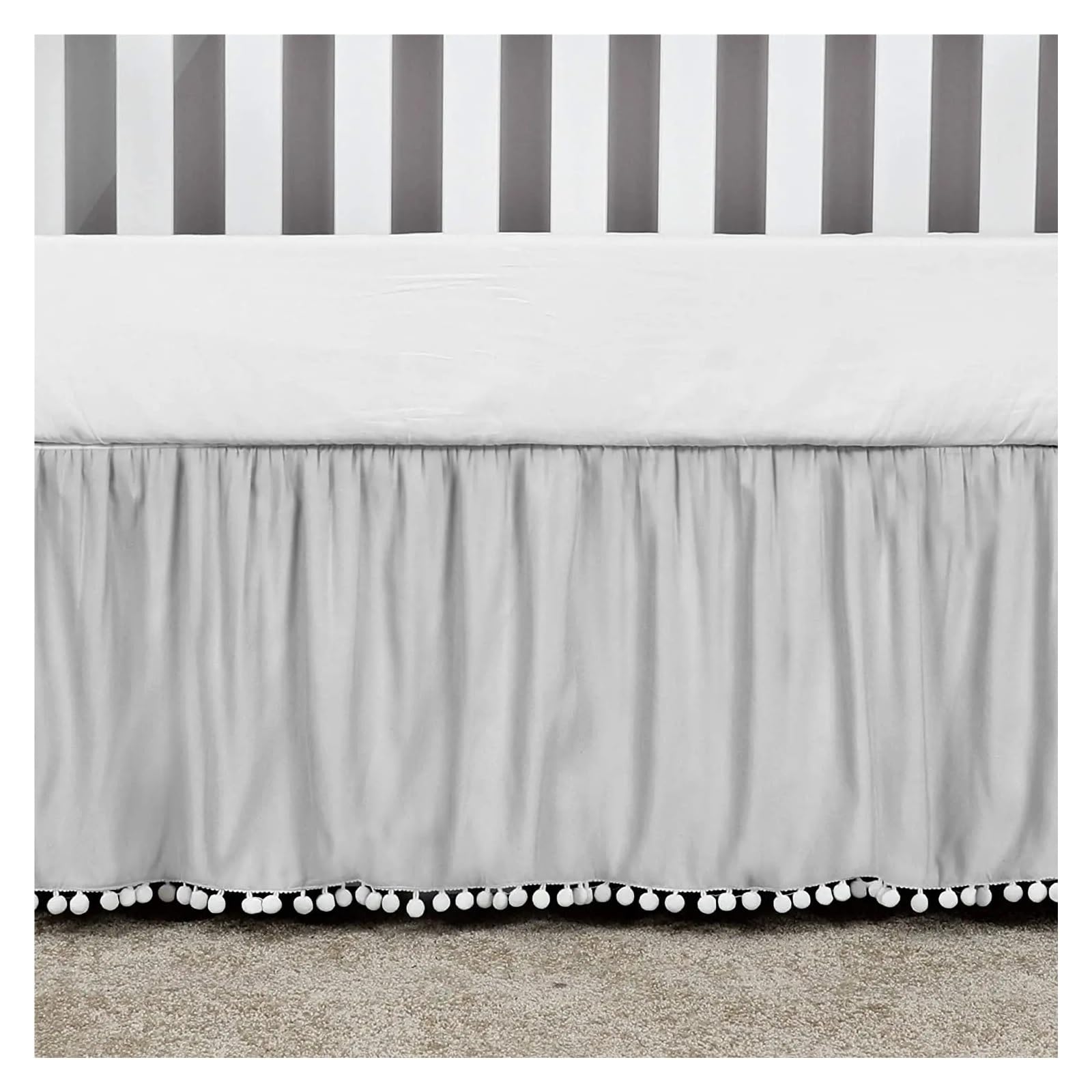 Crib Bed Skirt Elegant Standard Ruffled Crib Skirt with Pompoms-Microfiber Nursery Toddler Bedding 14 Inch High(Grey,Custom size)