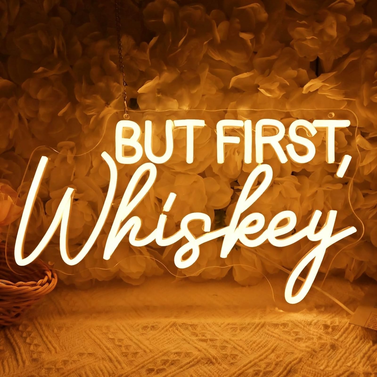 But First Whiskey LED Neon Sign Warm White Letters Light Up Sign Dimmable for Bedroom Living Room Wall Decor Birthday Valentine Party Decoration