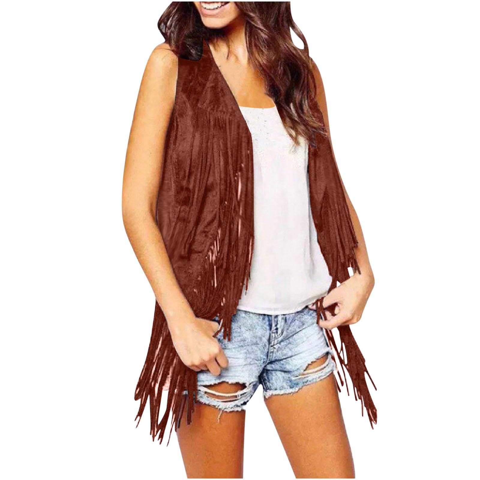 Womens Western Cowgirl Vest 70s Hippie Faux Suede Sleeveless Jacket Cardigan Open Front Boho Fringe Waistcoat