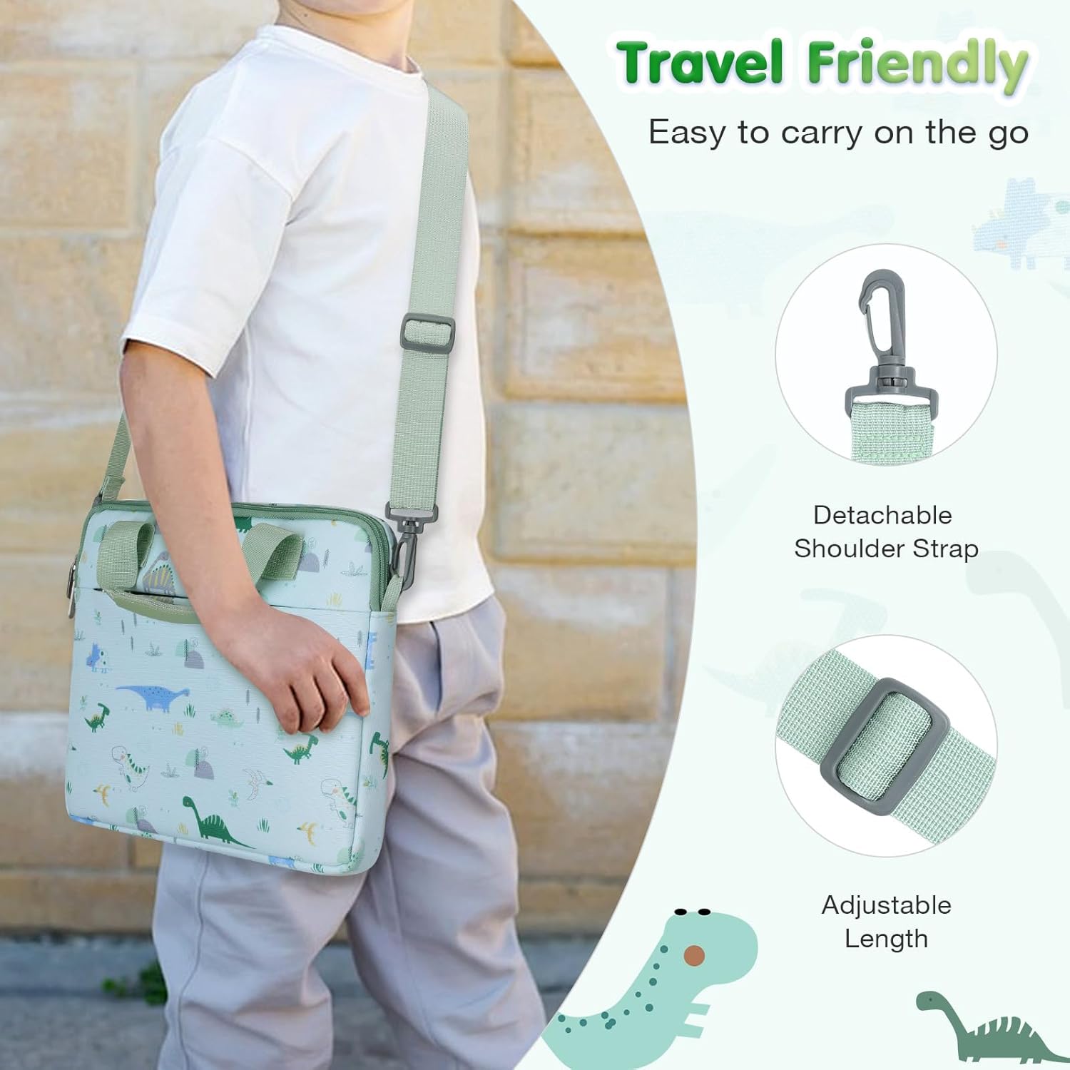 MoKo 10-12.5 Inch Kids Tablet Sleeve Carrying Case for Fire HD 10 13th/11th Gen, Fire HD 8/7 Kids 2022, Tablet Bag with Shoulder Strap for 10/10.1 Inch Android 12/13, Green Dinosaur - Image 7