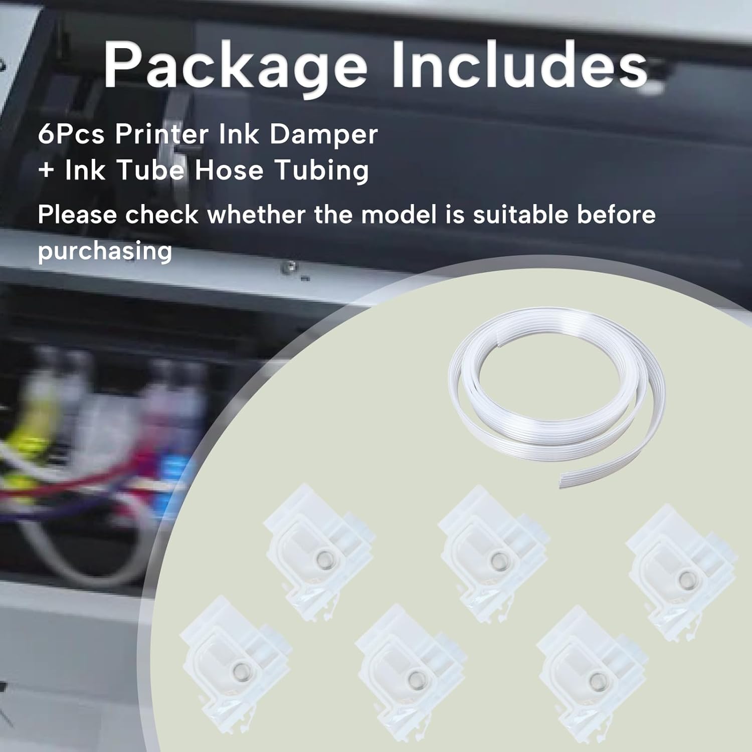 6Pcs Printer Ink Damper with Ink Tube Hose Fits for E-pson Printers L800 L1300 L1455 L801 L1800 L810 L850 L101 L201 Cartridge Parts White PP Material