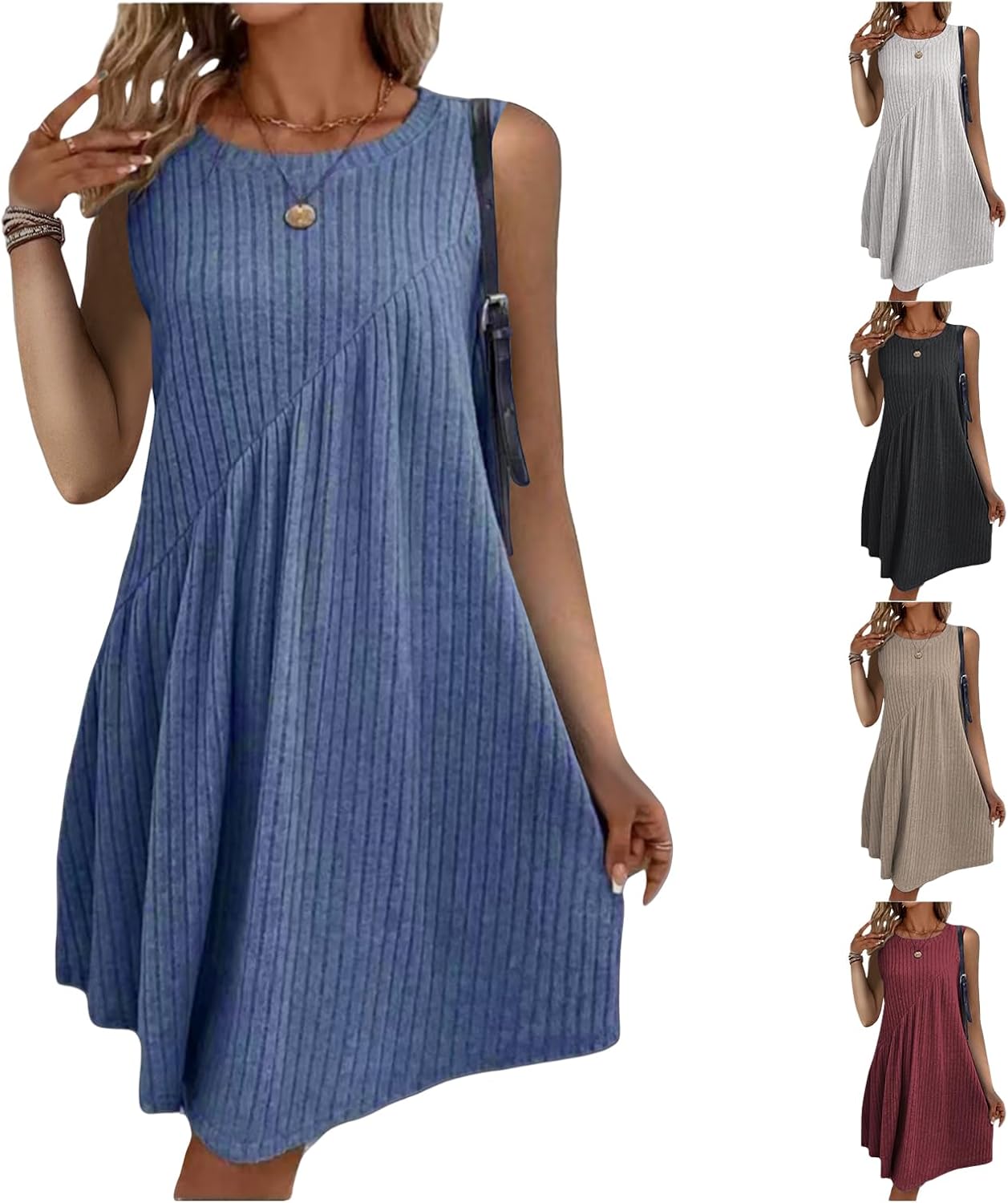 Summer Dresses for Women Sleeveless Beach Casual Loose Tshirt Dresses A Line Pleated Swing Flowy Party Dress