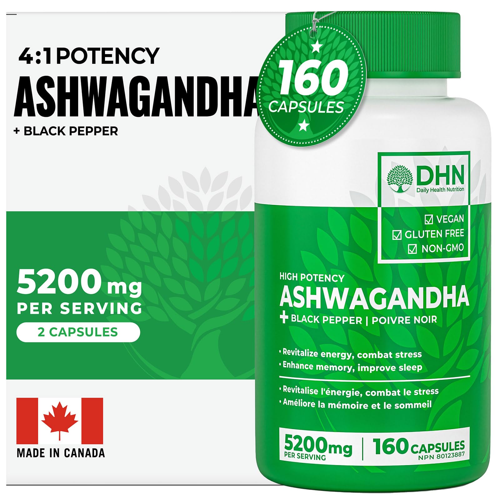 Ashwagandha Supplement Capsules | High Potency 4:1 Concentrated Root Extract with Black Pepper to Boost Absorption | 5200mg per serving (2600mg/Capsule x2) | Supports Resistance to Stress & Fatigue | Promotes Calm, Restfulness, Focus & Energy | Bonus Size 160 Vegan Capsules | Canadian Made, Quality Assured