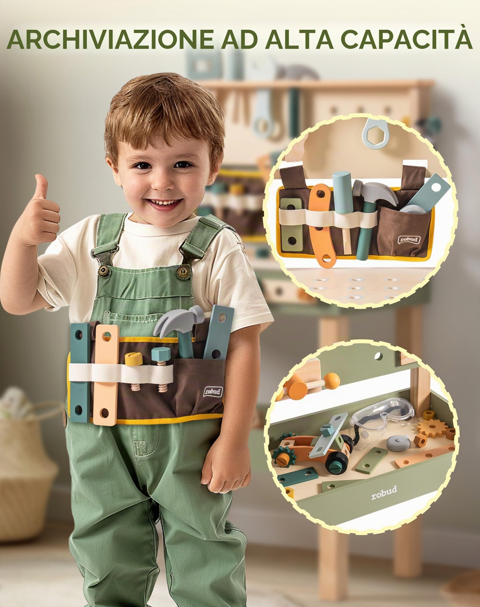ROBUD Banco da lavoro in legno per bambini, giocattolo con cintura per attrezzi, set di attrezzi per bambini, occhiali di protezione, carta da disegno per giochi di ruolo, giocattolo per ragazzi e