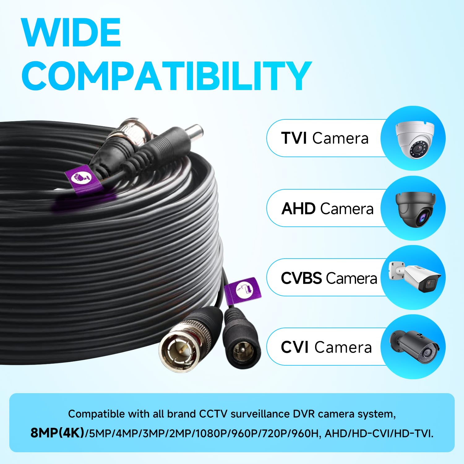 4 Pack 100Ft/30M 4K 8MP 5MP All-in-One BNC Video Power Cable, BNC Extension Surveillance Camera Wires for CCTV Camera DVR Systems (8pcs Connectors, 100pcs Cable Clips Included)