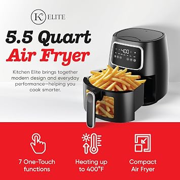Kitchen Elite 5.5 Qt. Digital Air Fryer, Countertop Cooker with LED Screen, Presets for Air Fry, Roast, Dehydrate, Defrost and Reheat, Black
