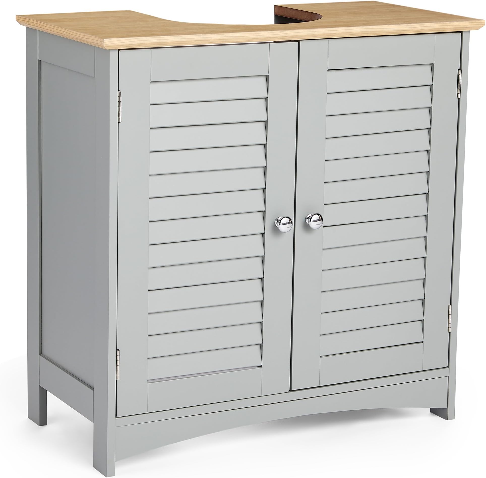 VonHaus Under Sink Bathroom Cabinet – Grey Under Sink Storage for Bathroom with Wood Effect Top - Below Basin Cabinet with 2 Internal Shelves & Shutter Style Doors – Basin Cupboard – Shrewsbury