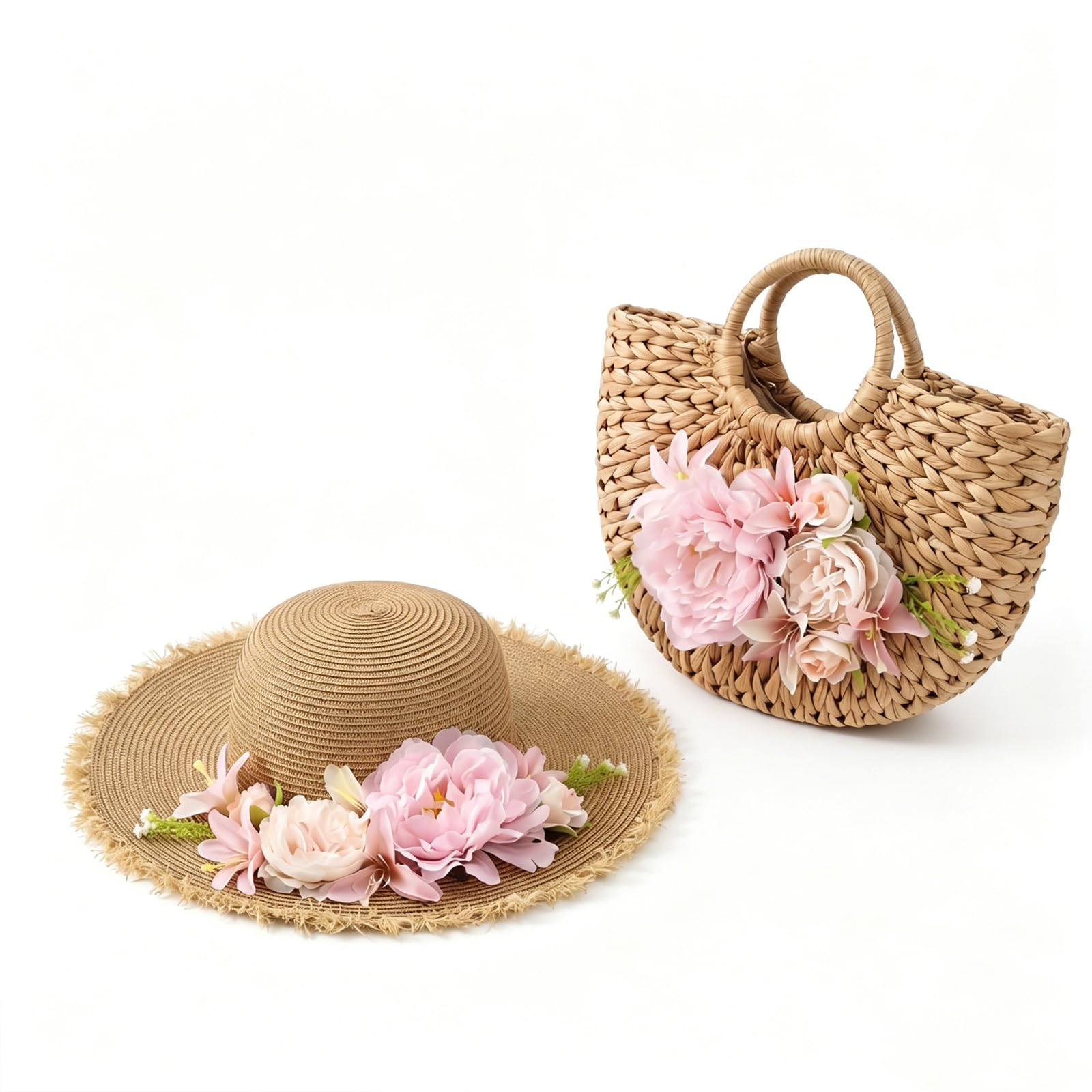 JenPen 2 Pcs Women Beach Sun Hat Floral Straw Bag and Hat Set Boho Rattan Bag for Women Tea Party Bridal Shower Victorian