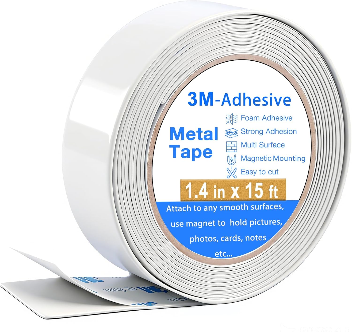 Metal Tape with Adhesive for Magnets, (1.4 inch Wide X 15 ft Long) Flexible White Metal Tape Roll, White Ferrous Tape Stick on Wall to Hold Magnetic Products
