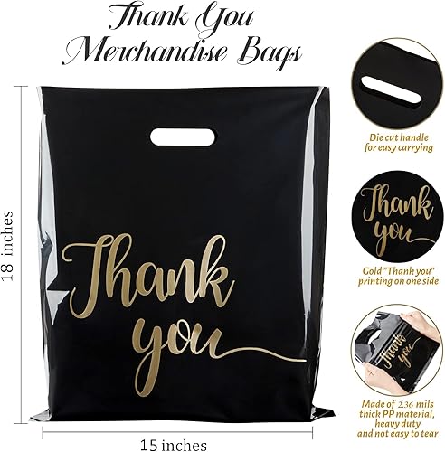 Miniatura 2 de Paquete de 100 bolsas de agradecimiento para pequeñas empresas, bolsas de plástico de 15 x 18 pulgadas con asas, bolsa de mercancía al por menor,