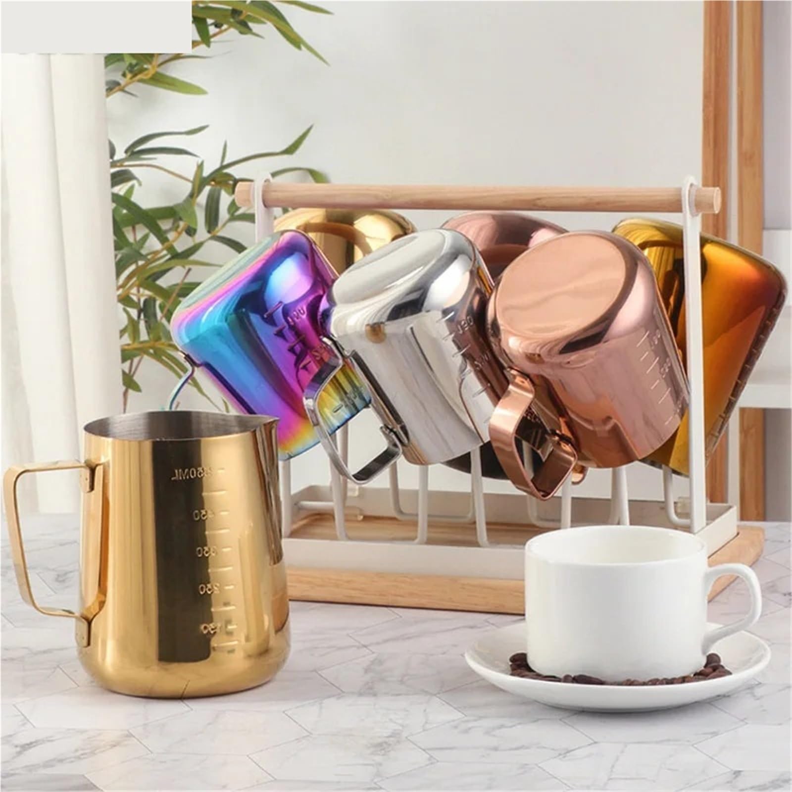 2 uds 350/550ml café expreso tirador flor tazas de leche taza de acero inoxidable tirador taza de flores leche artesanal Latte Art jarra tazón taza(Silver,350ml)