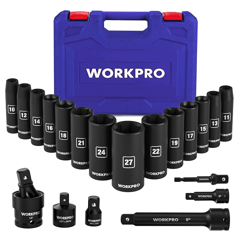 Jogo de soquetes de impacto profundos WORKPRO com acionamento de 12,7 mm (1/2 pol.), métrico, 20 peças